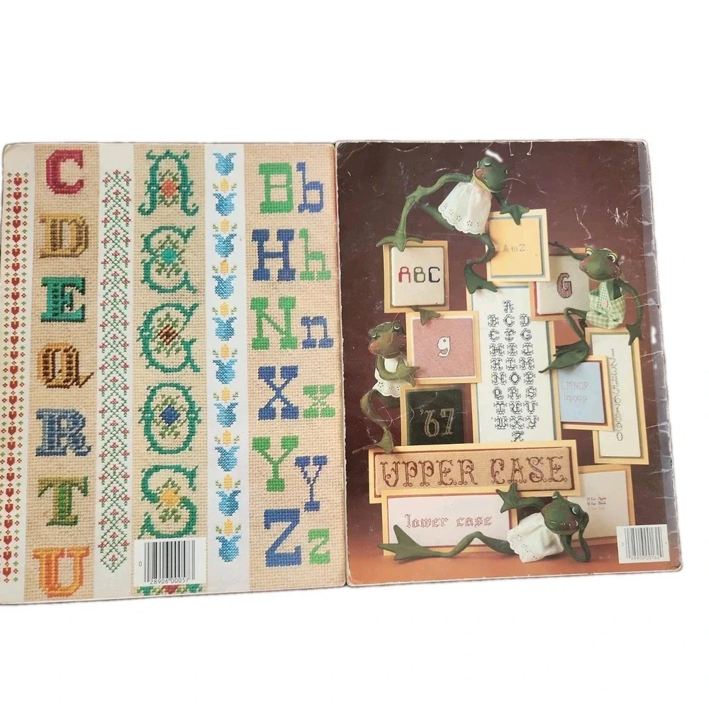 2/Alphabet Album + Charted Alphabets and Borders Cross Stitch Pattern Books Vtg